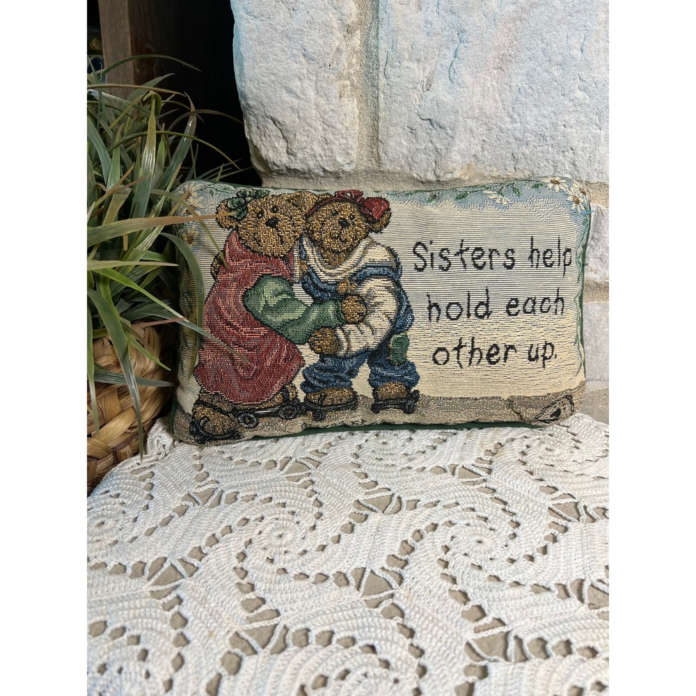 Vintage Boyds Bear Woven Tapestry Pillow Sisters Help Hold Each Other Up